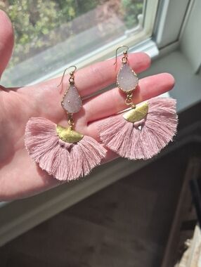 Pink Tassel Fan Drop Earrings with Druzy Accent